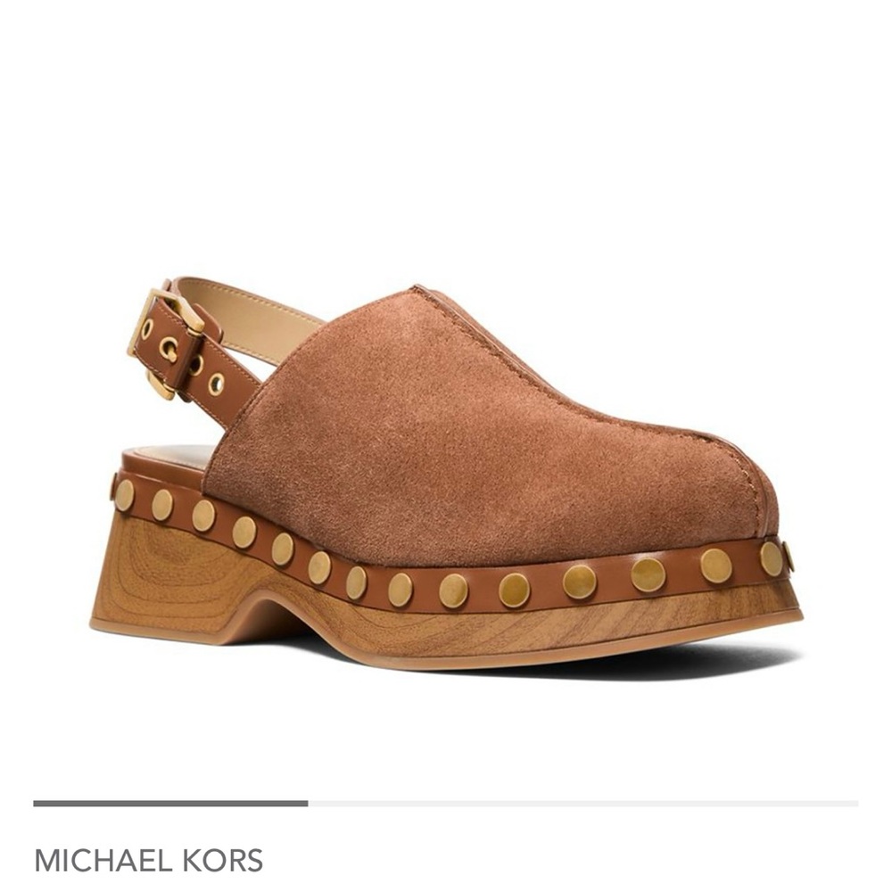 Michael Kors Tan Suede Clogs with Gold Accents